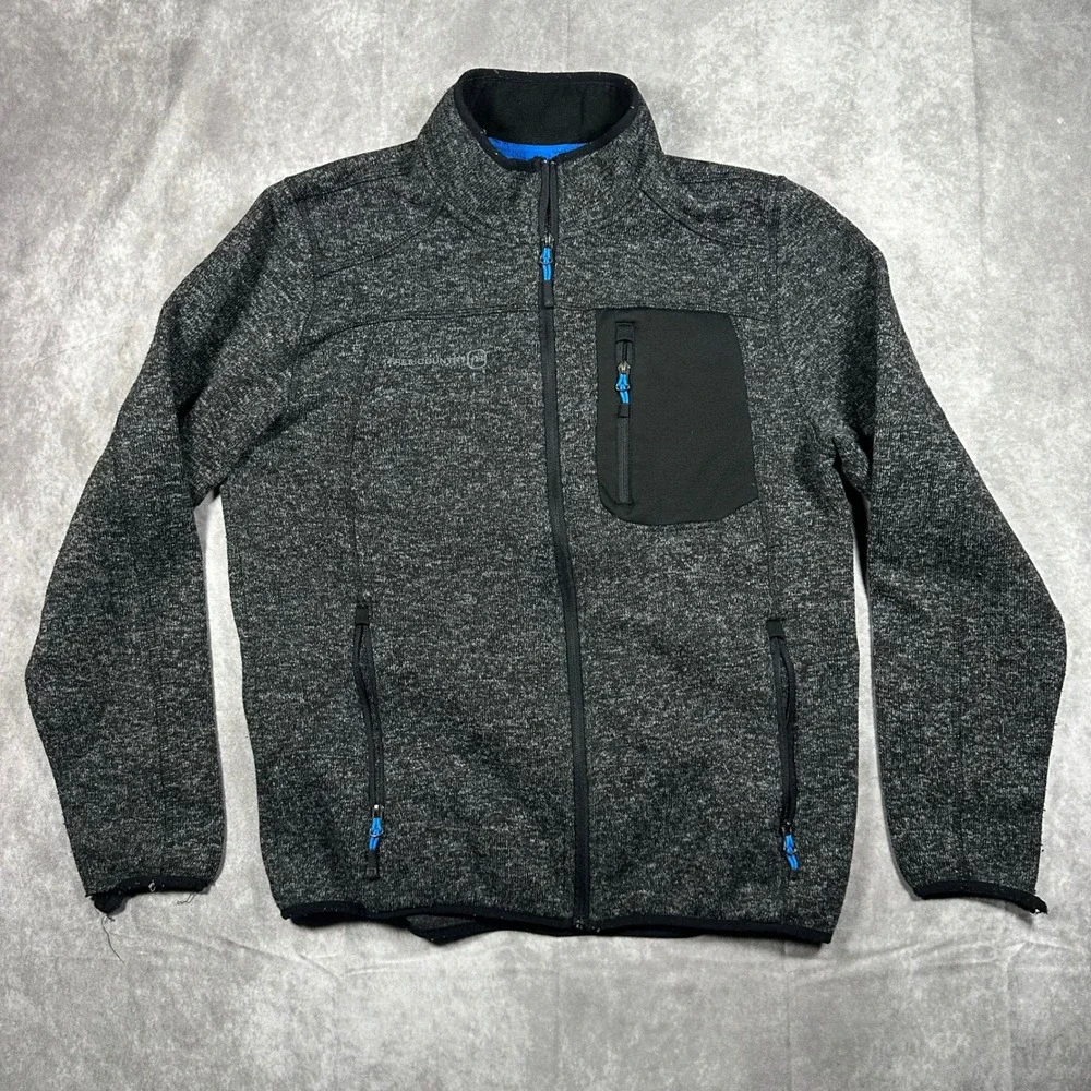 Free Country Mens Large Charcoal Gray Marl Full Zip Sweater Fleece Jacket Pocket